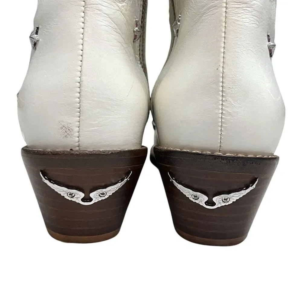 Zadig & Voltaire Tyler Star Stud Leather Ankle Boots White Western EU 37 US 6